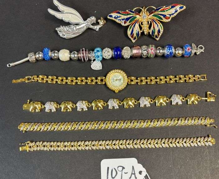 STERLING 925 BRACELET, 3 GOLD COLOR BRACELETS MARKED BR UD, FASHION WATCH, BUTTERFLY PENDANT AND ANGEL PENDANT image