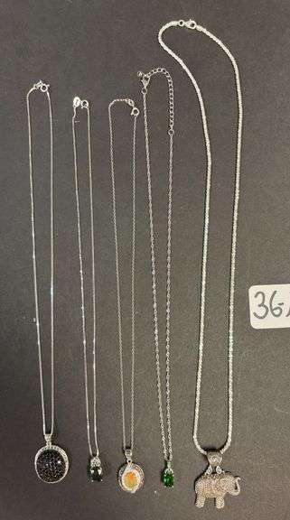 5 STERLING SILVER NECKLACES AND PENDANTS, ELEPHANT, EMERALD GREEN STYLE, BLACK AMETHYST, ETC. - .96 TROY OZ, 29.95 GRAMS TOTAL WITH STONES image