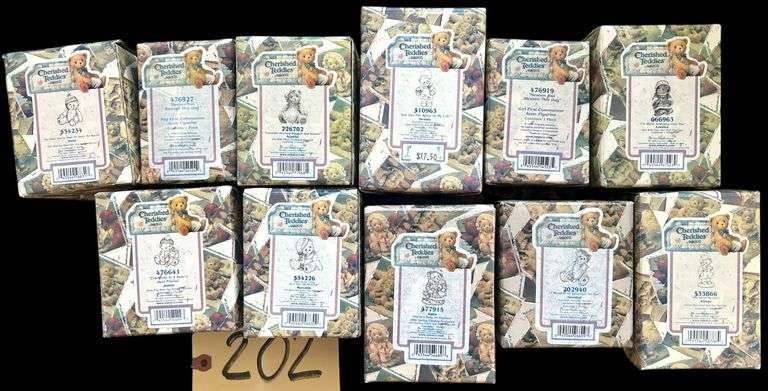 TEN CHERISHED TEDDY FIGURINES IN THEIR ORIGINAL BOXES: ANNE, AGATHA, DENNIS, LORETTA, MEREDITH, ETC. - ZOOM IN FOR ADDITIONAL NAMES, NUMBERS AND DETAILS image