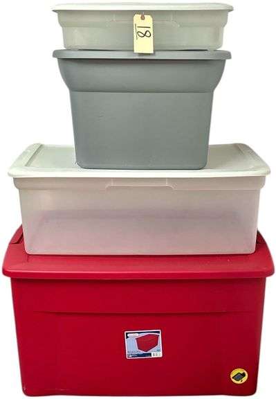 LARGE STERILITE 45 GALLON STORAGE TOTE W/ LID, OTHER STERILITE TOTE W/ LID, 2 SMALLER STORAGE TOTES W/ LIDS image