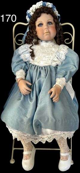 2004 MARIE OSMOND #041/250 PORCELAIN DOLL APPROX. 24” SITTING LENGTH W/ NICE IRON PAINTED WHITE DOLL CHAIR image