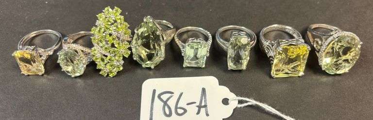 8 STERLING SILVER RINGS W/ GREEN QUARTZ/AMETHYST AND OTHER STONES - 57.37 GRAMS, 1.84 TROY OZ - SIZES 6-7 image