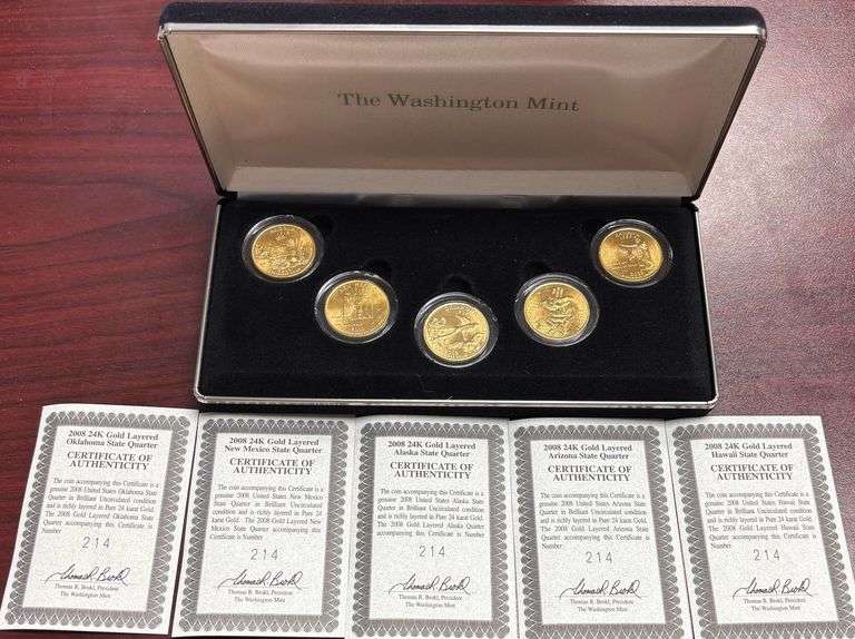 2008 STATE QUARTERS LAYERED IN 24K GOLD BY THE WASHINGTON MINT - OKLAHOMA, NEW MEXICO, ALASKA, ARIZONA, HAWAII - WITH 5 COAS - COMES IN A BLACK VELVET CASE image