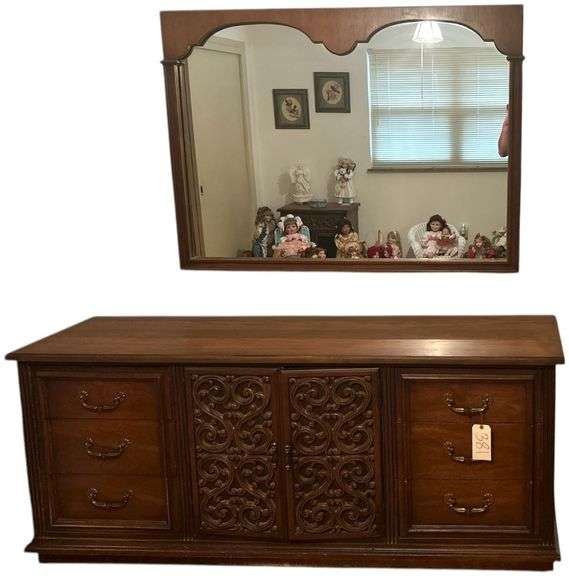 6-DRAWER SOLID WOOD DRESSER W/ WALL HANGING MIRROR AND 2 DOORS THAT OPEN TO 3 ADDITIONAL DRAWERS image