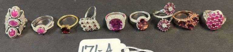 9 STERLING SILVER RINGS, RUBY, RUBELITE, OTHERS, VARYING STYLES - 1.40 TROY OZ, 43.79 GRAMS INCLUDING STONES - SIZES 6-8 image