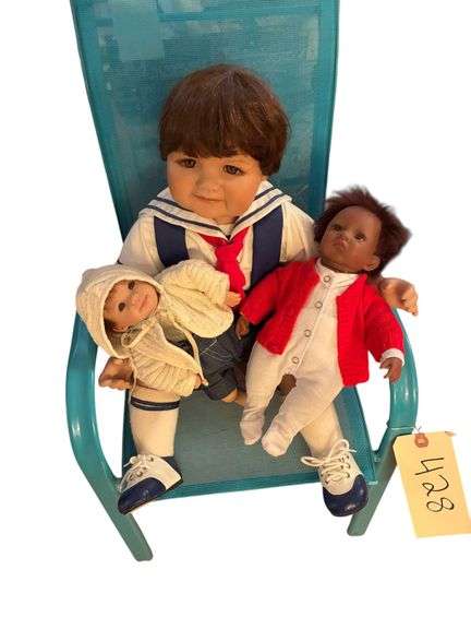 3 DOLLS - LARGER ONE IS PORCELAIN, INCLUDES CHAIR image