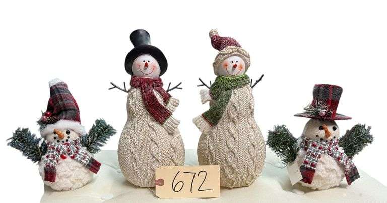 2 WHITE RESIN SNOWMAN AND 2 FABRIC SNOWMEN image