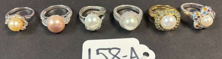 6 STERLING RINGS W/ CULTURED PEARLS - 1.07 TROY OZ, 33.37 GRAMS INCLUDING STONES - SIZES RANGE FROM 5-8 image