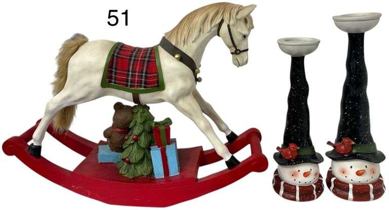 DECORATIVE ROCKING HORSE (APP. 22 INCHES BY 17 INCHES), 2 SNOWMAN CANDLE PILLARS image