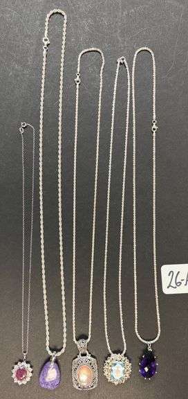 5 STERLING SILVER 925 NECKLACES W/ PENDANTS, PINK, PURPLE AMETHYST, RED, AND PURPLE STONES - 2.75 TROY OZ, 85.63 GRAMS TOTAL WITH STONES image