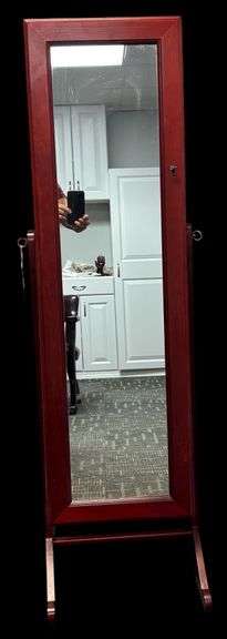 FREE STANDING CHEVAL STYLE JEWELRY CABINET WITH MIRROR IN FRONT AND KEY image