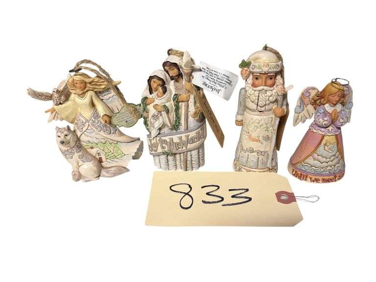 4 SMALL JIM SHORE HEARTWOOD CREEK: WHITE WOODLAND, MARY, JOSEPH AND JESUS JOY TO THE WORLD, SANTA NUTCRACKER, ANGEL - UNTIL WE MEET AGAIN image