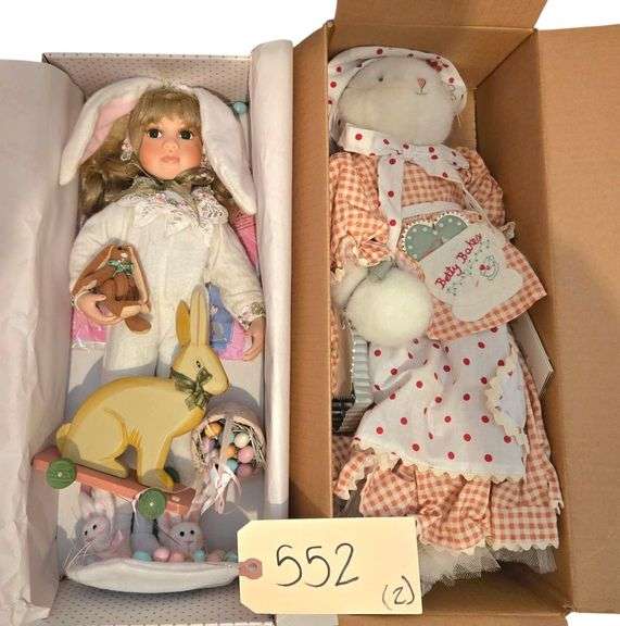 PARADISE GALLERIES APPROX. 14” PORCELAIN “EASTER KISSES” DOLL, HALLMARK BUNNIES BY THE BAY “BETTY BAKES” STUFFED RABBIT image