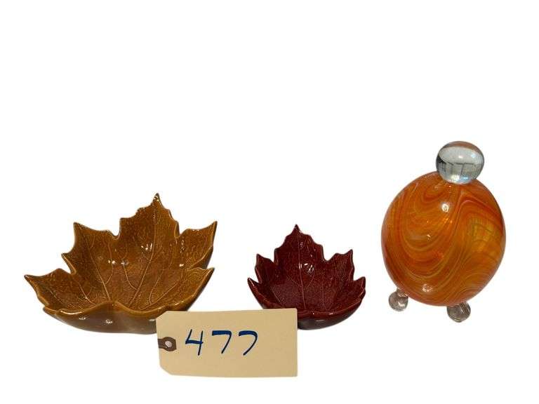2 HALLMARK LEAF-SHAPED CANDY DISHES, FOOTED ART GLASS PUMPKIN image