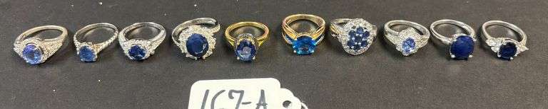 10 STERLING SILVER BLUE TOPAZ AND SAPPHIRE RINGS, VARYING STYLES - 1.21 TROY OZ, 37.62 GRAMS INCLUDING STONES - SIZES RANGE FROM 5-7 image