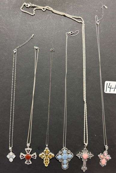 6 STERLING SILVER NECKLACES & CROSS PENDANTS, PINK, LIGHT BLUE, RED, AMBER, PINK, WHITE TYPE STONES - 3.17 TROY OZ, 98.87 GRAMS TOTAL INCLUDING STONES image