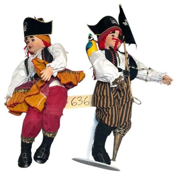 TWO PORCELAIN PIRATE DOLLS - RAGGEDY PIRATE DOLLS - APP. 20 INCHES TALL - BOTH HAND NUMBERED 173 image
