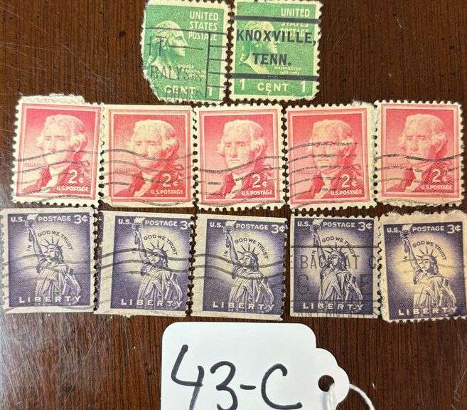 VINTAGE UNITED STATES STAMPS, 2 1 CENT GEORGE WASHINGTON, 5 2 CENT THOMAS JEFFERSON, 5 3 CENT LIBERTY STAMPS image