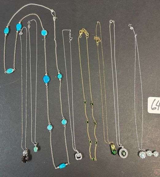 8 STERLING 925 NECKLACES WITH PENDANTS, 2 ARE GOLD OVERLAY, STONES INCLUDE JADE, BLUE EMERALD, SAPPHIRE, AMBER - 35.44 GRAMS, 1.14 TROY OZ image