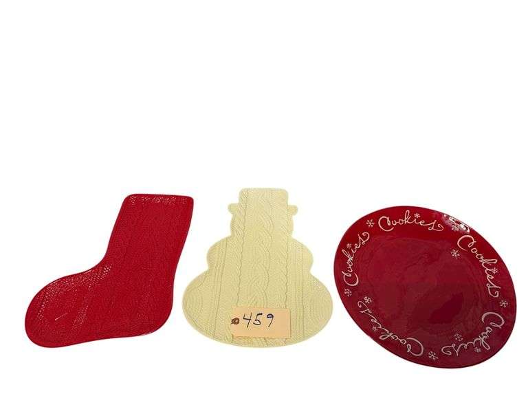 3 COOKIE PLATES: 1 RED ROUND CERAMIC HALLMARK, 1 RED PLASTIC STOCKING SHAPE, 1 WHITE PLASTIC SNOWMAN SHAPE image