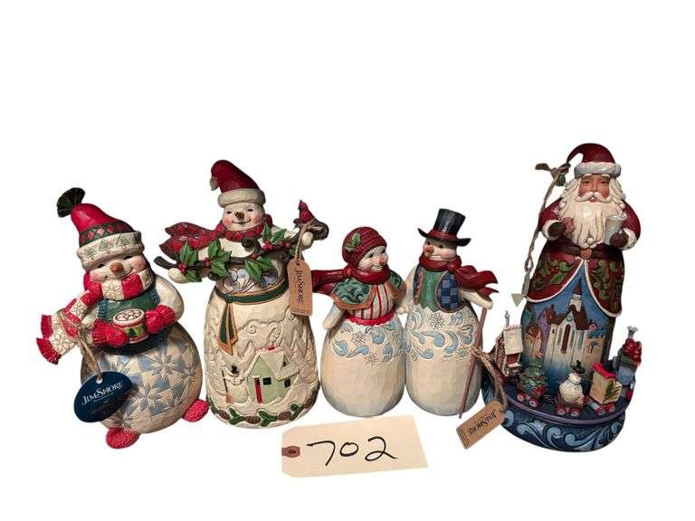 3 JIM SHORE SNOWMEN: "COCOA AND CHRISTMAS CHEER", "A WINTER WELCOME", "NEXT TO YOU IS THE WARMEST PLACE" AND 1 JIM SHORE SANTA "CHRISTMAS MAGIC IS ALL AROUND" image