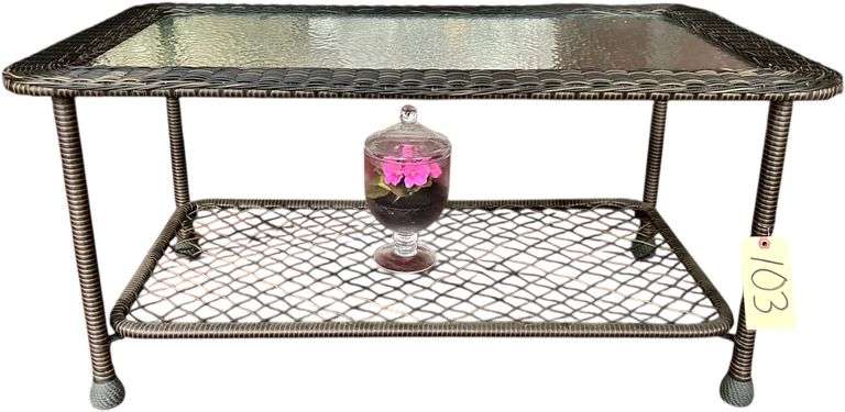 WOVEN COFFEE TABLE WITH GLASS TOP AND LOWER SHELF, GLASS PEDESTAL TERRARIUM CENTERPIECE WITH ARTIFICIAL ORCHID image