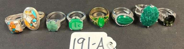 9 STERLING SILVER RINGS W/ GREEN EMERALD AND JADE STONES, 2 W/ TORTOISE TURQUOISE STONES - 1.86 TROY OZ, 57.84 GRAMS - SIZES 5 3/4 TO 8 image