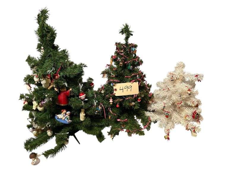 3 SMALL DECORATED CHRISTMAS TREES: 2 GREEN TREES, 1 WHITE TREE image