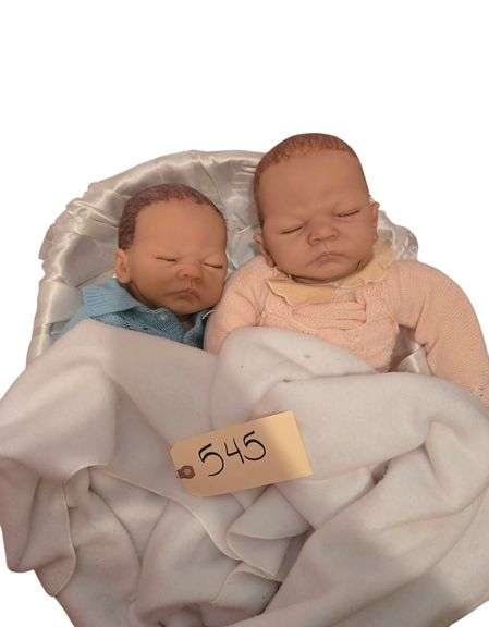 2 ADG BABY DOLLS W/ BLANKET IN WICKER BASKET image