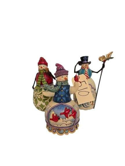 3 JIM SHORE FIGURINES: “JOLLY SNOWMAN”, “JOLLY HAPPY SOUL”, “WINTER CHEER HAPPENS HERE” image