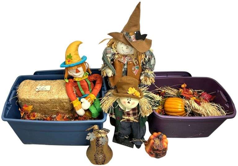 LARGE LOT OF FALL DECOR TO INCLUDE SCARECROWS, DECORATIVE PUMPKINS, TWO TOTES WITH LOTS OF ITEMS - TOTES AND LIDS INCLUDED image