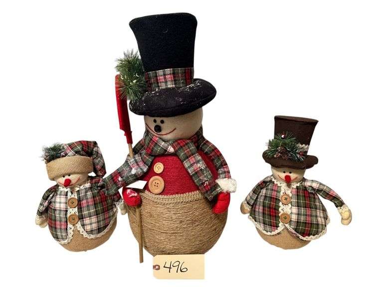 2 SMALL BURLAP SNOWMEN, 1 LARGE TWINE COVERED SNOWMAN image