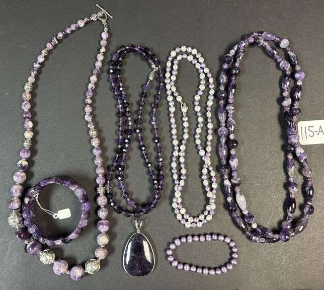 PURPLE AMETHYST NECKLACE AND PENDANT, PURPLE AMETHYST NECKLACE AND BRACELET, LONG DOUBLE PURPLE AMETHYST NECKLACE, CULTURED PEARLS TYPE NECKLACE WHITE AND PURPLE, MOST W/ 925 STERLING SILVER CLASPS image