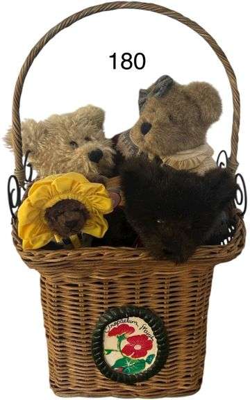 NICE WOVEN HANDLED FLORAL BASKET W/ 2 LARGER SIZE BOYDS BEARS, SUZANNA BY TY, HALLMARK STUFFED BEAR image