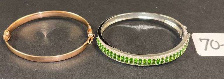 2 STERLING 925 BANGLE STYLE BRACELETS, 1 W/ EMERALD TYPE STONES, 1 ROSE GOLD COLOR - .80 TROY OZ, 24.92 GRAMS INCLUDING STONES image
