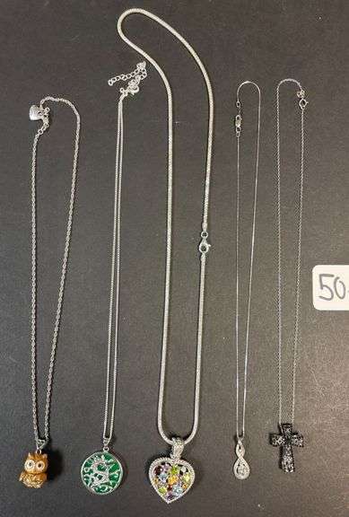 4 STERLING 925 NECKLACES W/ PENDANTS, DRAGON, MULTICOLOR, DIAMOND TYPE, BLACK ONYX CROSS, OWL NOT MARKED - 53.81 GRAMS, 1.73 TROY OZ image