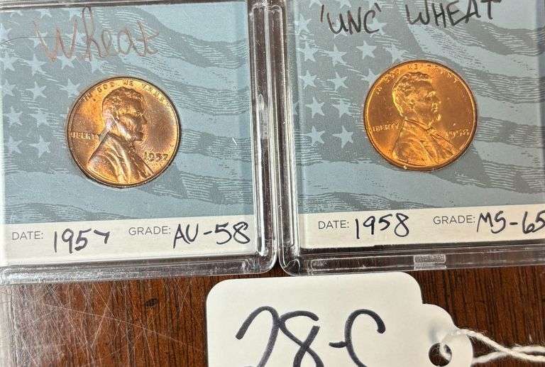 TWO UNITED STATES WHEAT PENNIES, 1957, 1958 (LAST YEAR OF WHEAT PENNY), 1957 CASE MARKED GRADE AU-58, 1958 MARKED UNC, GRADE MS-65 image