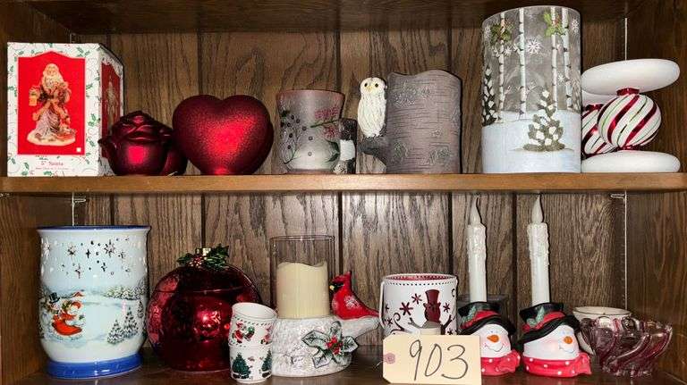 LOT OF HOLIDAY DECOR ON TWO SHELVES - BATTERY OP ITEMS, SNOWMEN, ETC. image