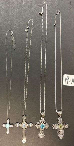 4 STERLING SILVER CROSS PENDANTS & NECKLACES, SOLITARY STONES, BLUE SAPPHIRE TYPE AND OTHERS - 53.09 GRAMS, 1.7 TROY OZ image