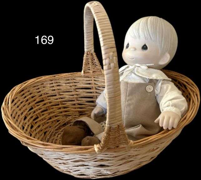 VINTAGE 1980 PRECIOUS MOMENTS “MIKEY” PORCELAIN DOLL APPROX. 18” W/ WOVEN BASKET image