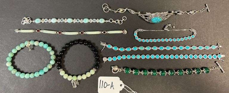 9 MOSTLY STERLING 925 BRACELETS WITH JADE TYPE AND GREEN STONES image
