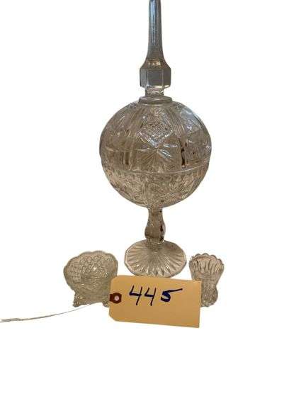 VINTAGE TALL CRYSTAL CUT GLASS PEDESTAL CANDY DISH, PRESSED GLASS TOOTHPICK HOLDER, VINTAGE FOSTORIA PRESSED GLASS FOOTED SALT DISH image