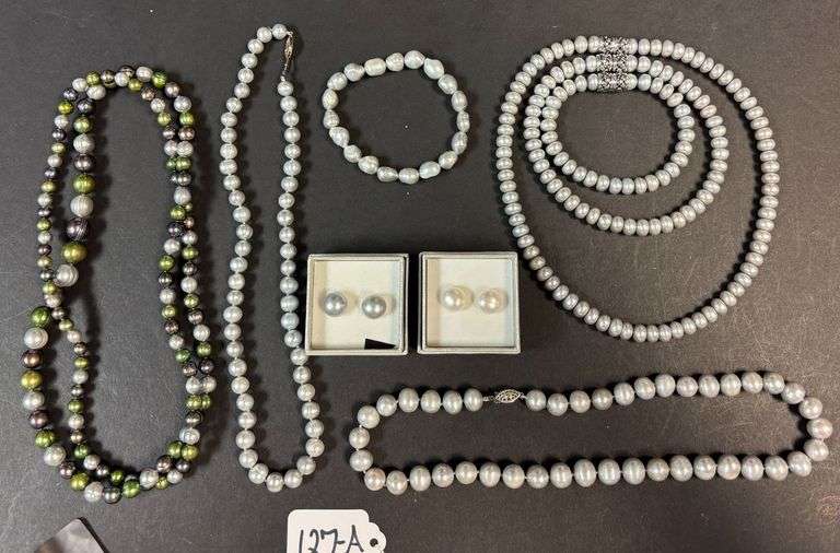 4 SILVER CULTURED/FRESHWATER PEARL NECKLACES, BRACELETS, EARRINGS image