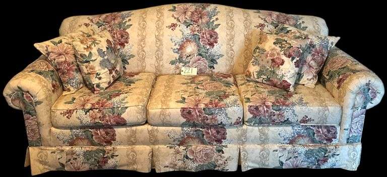 PENN KAY FLORAL UPHOLSTERED 3 CUSHION SOFA IN NICE CONDITION WITH JUST A BIT OF LIGHT STAINING image