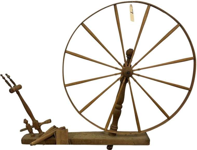 ANTIQUE WOODEN SPINNING WHEEL WITH TURNED SPINDLE AND TENSION ADJUSTERS ON WOODEN BASE image