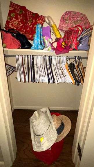 CLOSET LOT OF BAGS AND PURSES (INC. VERA BRADLEY) PLUS UMBRELLAS, HATS, HANGERS image