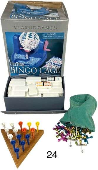 DELUXE BINGO CAGE, CRACKER BARREL PEG GAME, SET OF DOMINOES BY CARDINAL, BAG OF JACKS image
