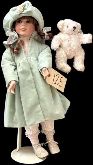 VINTAGE 24 INCH PORCELAIN DOLL WITH STAND - MARKED ON NECK: AEL 2001 AND HAND NUMBERED image