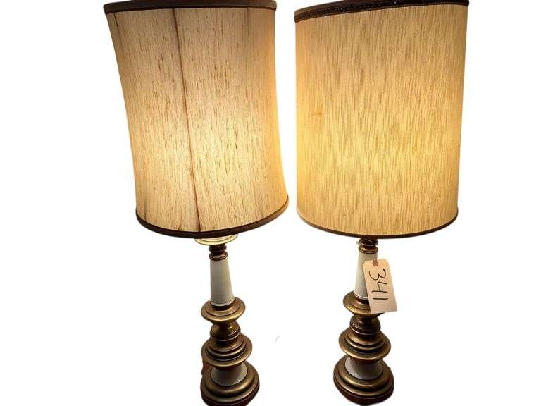 PAIR OF GOLD-TONE AND IVORY COLOR LAMPS WITH SHADES - WILL ACCOMMODATE A 3-WAY BULB - APPROXIMATELY 36" TALL WITH SHADES image
