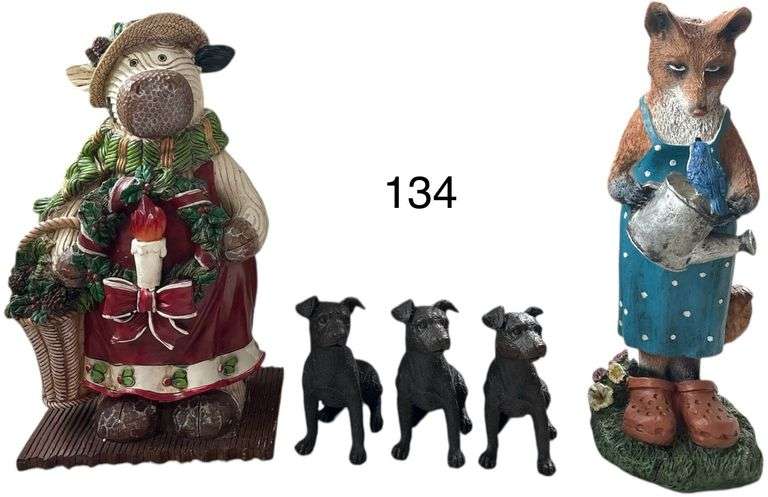 LOT OF DECORATIVE ITEMS TO INCLUDE RESIN CHRISTMAS COW LIGHT-UP FIGURE (APP. 14 INCHES TALL), FOX HOLDING A BIRD, DOGS image